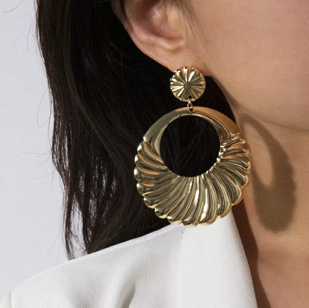 Gold Textured Circle Dangle Earrings Bold Look